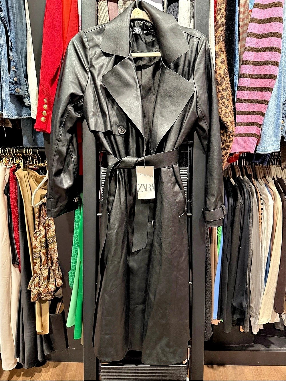 Zara Belted Faux Leather Trench Coat Black XS